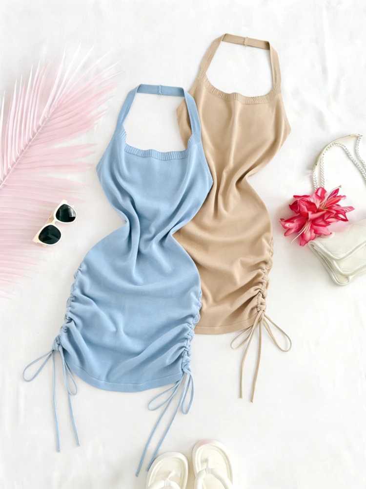 Womens Sexy Summer Light Blue Mini Dress Halter Neck Sleeveless Sundress Ruched Side Drawstring Elastic Ribbed Knit Party Dress M260326