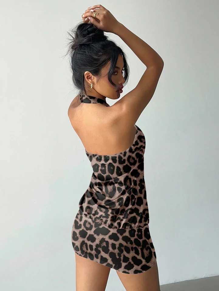 Womens Avant-Garde Sexy Brown Leopard Print Full-Width Pattern Tight Bandeau Metal Button Decor Halter Black Mini Super Shor M260326