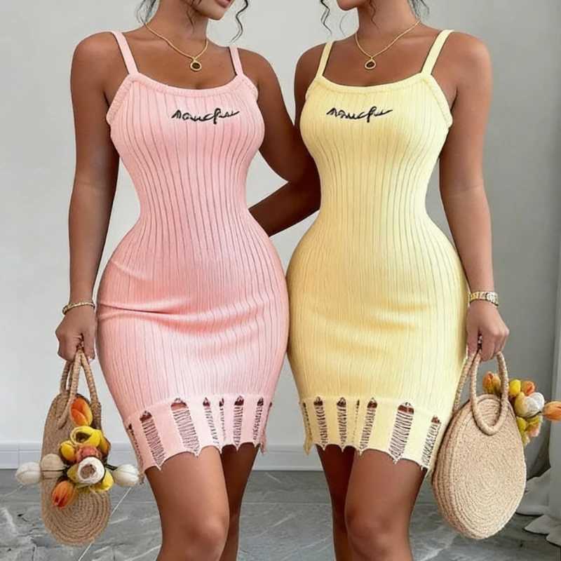 Womens Pink Spaghetti Strap Sleeveless Sundress Stretchy Ribbed Knit Distressed Letter Bodycon Mini Dress Summer Party Dress M260326