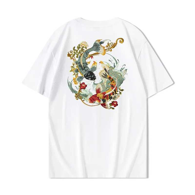 Summer Embroidery T Shirt Men Fashion Vintage T Shirt Women Hip Hop Tees Cotton Short Sleeve Chinese Koi Carp Loose Tops Couple C260326
