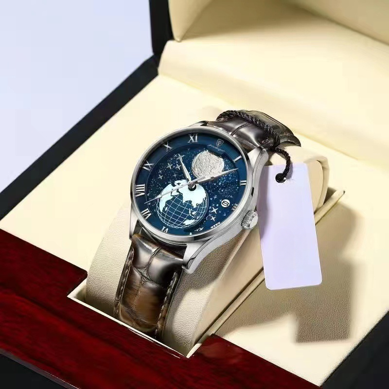 Waterproof Men's Wristwatch, Casual Quartz Watch with Luminous World Map Dial, Complete Calendar, 30 m Water Resistance, 41 mm Rose Gold-Tone Case, Br - view 4