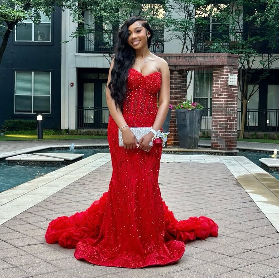 Elegant Red Prom Dresses 2026 With Ruffles Black Girls Mermaid Birthday Party Outfit Sequin Evening Dress Homecoming