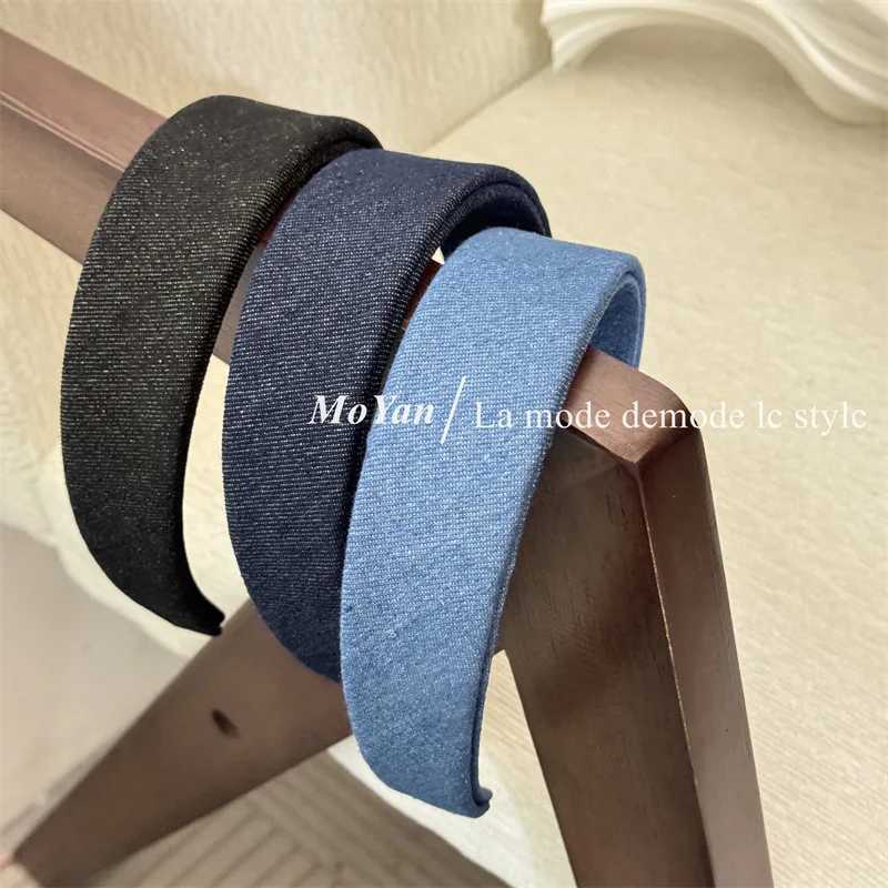 Korean solid color retro denim headband women wide hairband pressure clip latest design hairhoop D260326