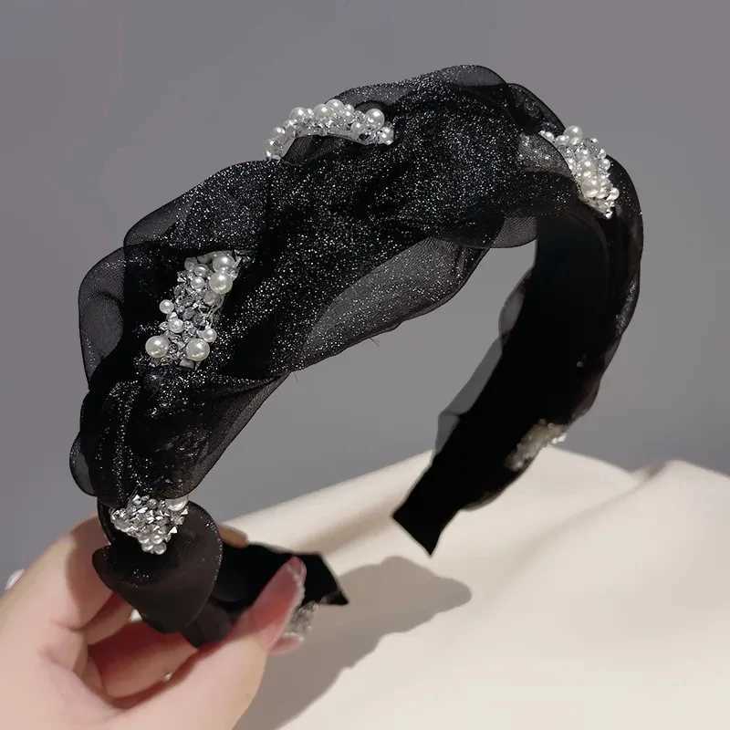 Korean Double Pearl Rhinestone Headband Lace Braided Hairband Hair Hoop Bezel Crystal Headbands for Women Girl Hair Accessories D260326