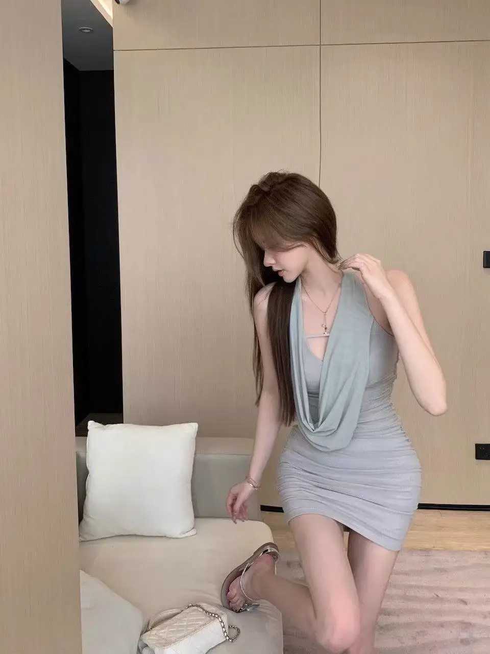 Y2K Summers new sexy mesh tulle halter dress a seductive and hot body-wrapped dress M260326