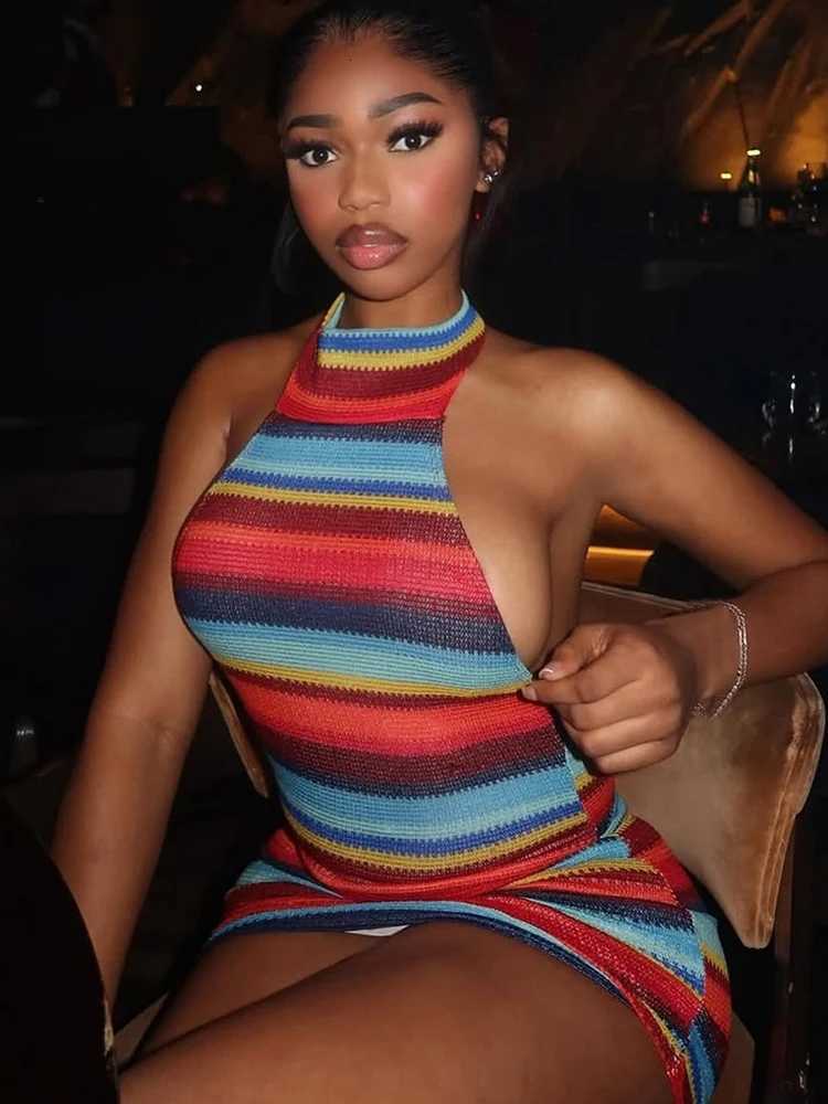 Kliou Stripe Patchwork Mini Dress Woman Bandage Halter Off Shoulder Backless Skinny Peach Hip Hot Girls Street Fashion Bodycon X260326