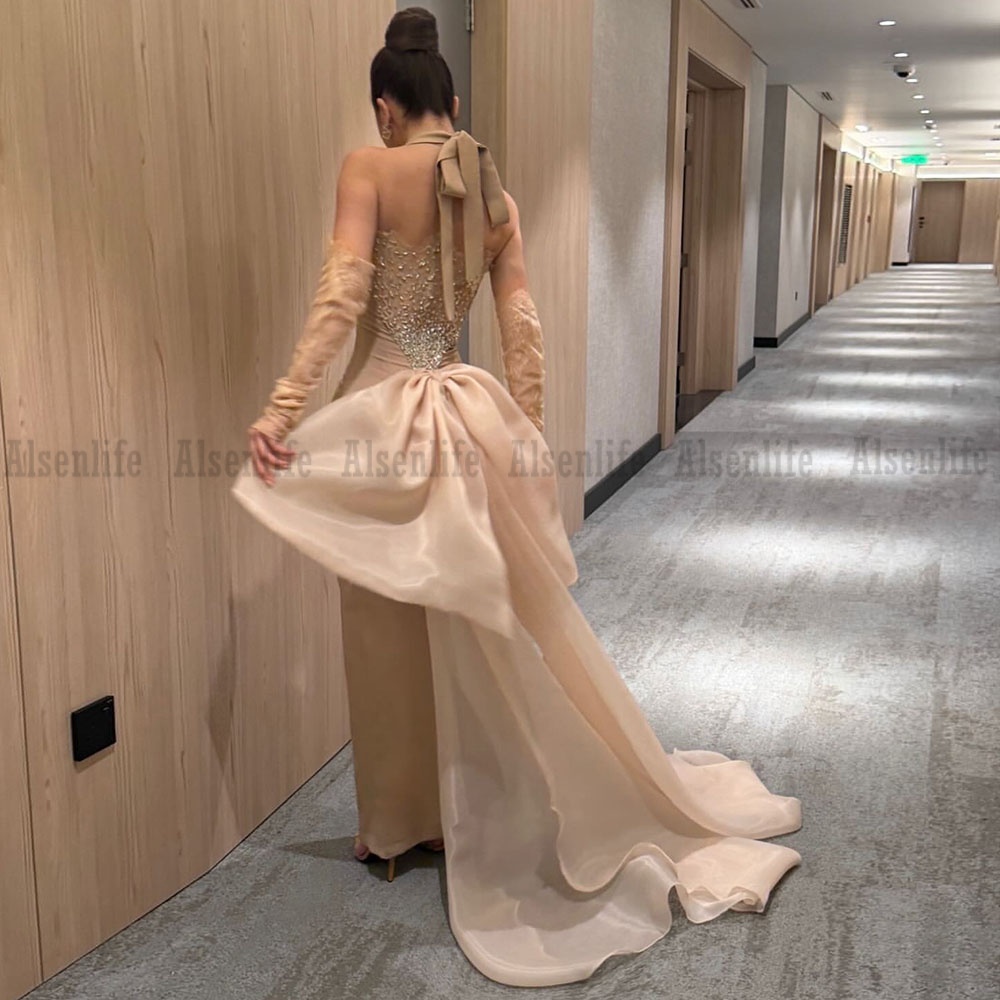Champagne Mermaid Prom Dress with Beads Halter Neck Saudi Arabic Birthday Party Gown Middle East Women Formal Evening Dresses