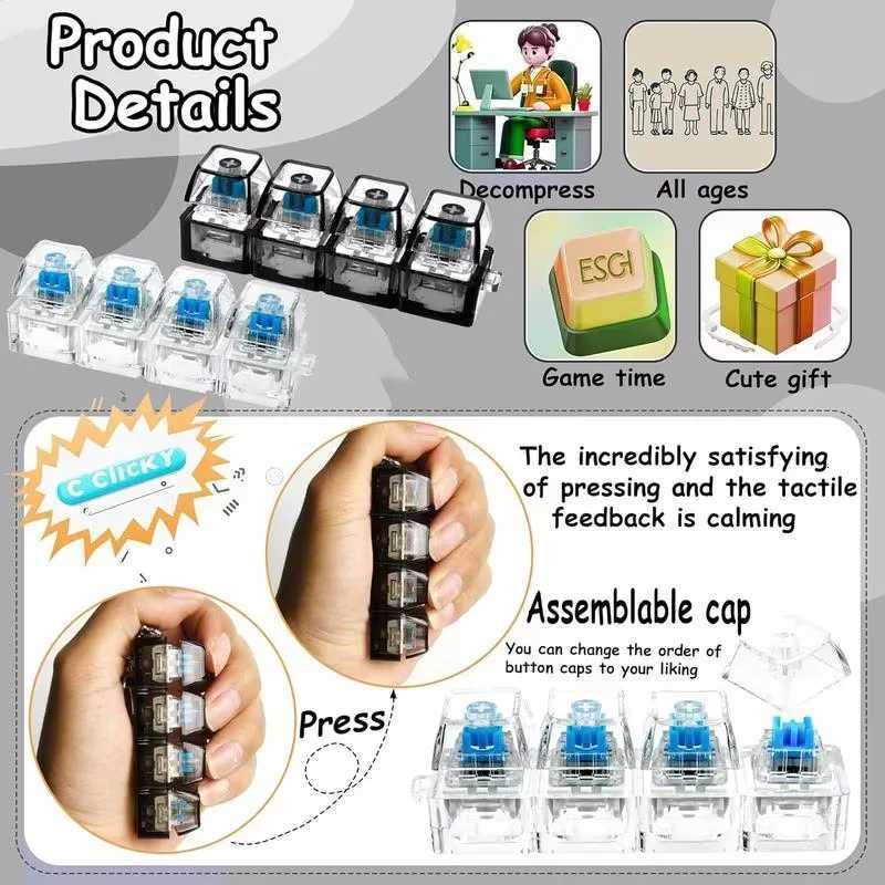 LED Keyboard Keychain Fidget Toys Crystal Clicker Sensory Toy for Stress Relief Keyboard Keychain Fidget Gadget for Adults Kid Z260326