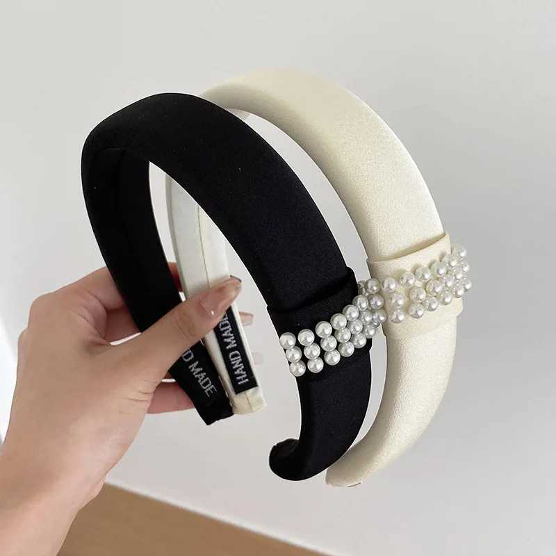 Korean Pearl Satin Headbands for Women Elegant Black White Wide Side Elastic Sponge Thick Headdress Wedding Hair Accessories D260326