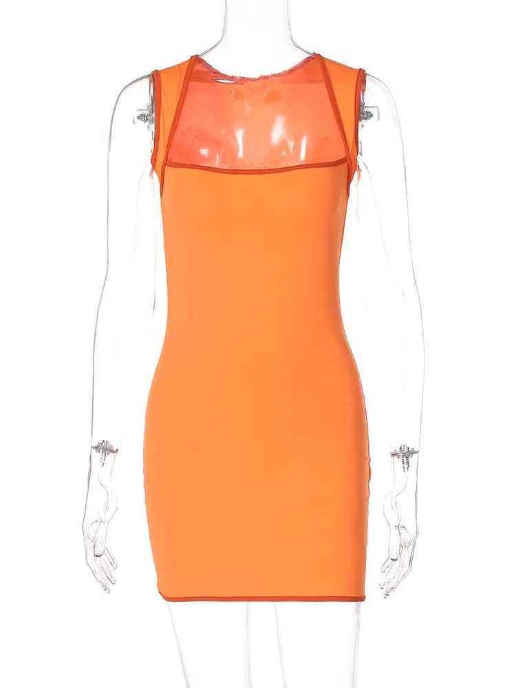 Hugcitar Matching Color Square Collar Sleeveless Sexy Bodycon Mini Dress Summer Women Fashion Y2K Outfit Birthday Festival Party M260326