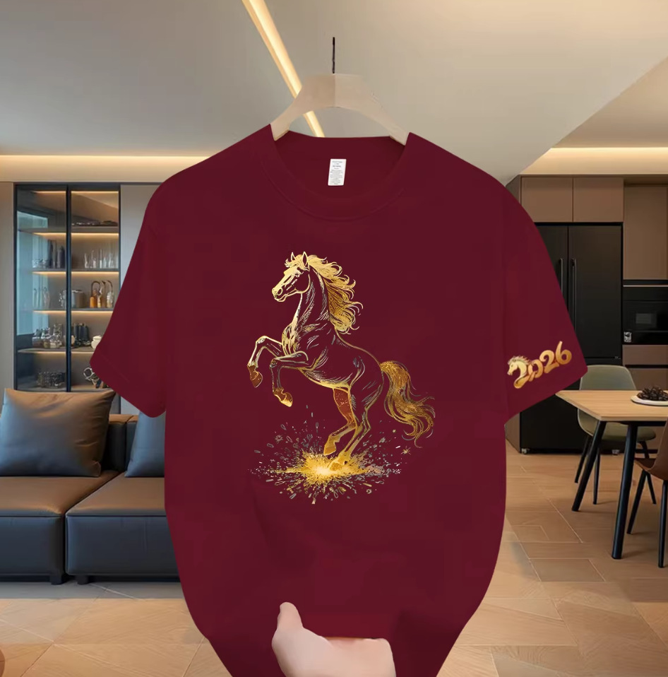 2026 Year of the Horse Viral Men's T-Shirts | Horse Graphic Crew Neck Oversized Casual 100% Cotton Summer Tops