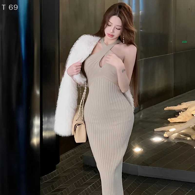 Korean nightclub style Knitted Cross Halter Dress Womens Sheath Hollow Backless Wrapped Long Dresses M260326