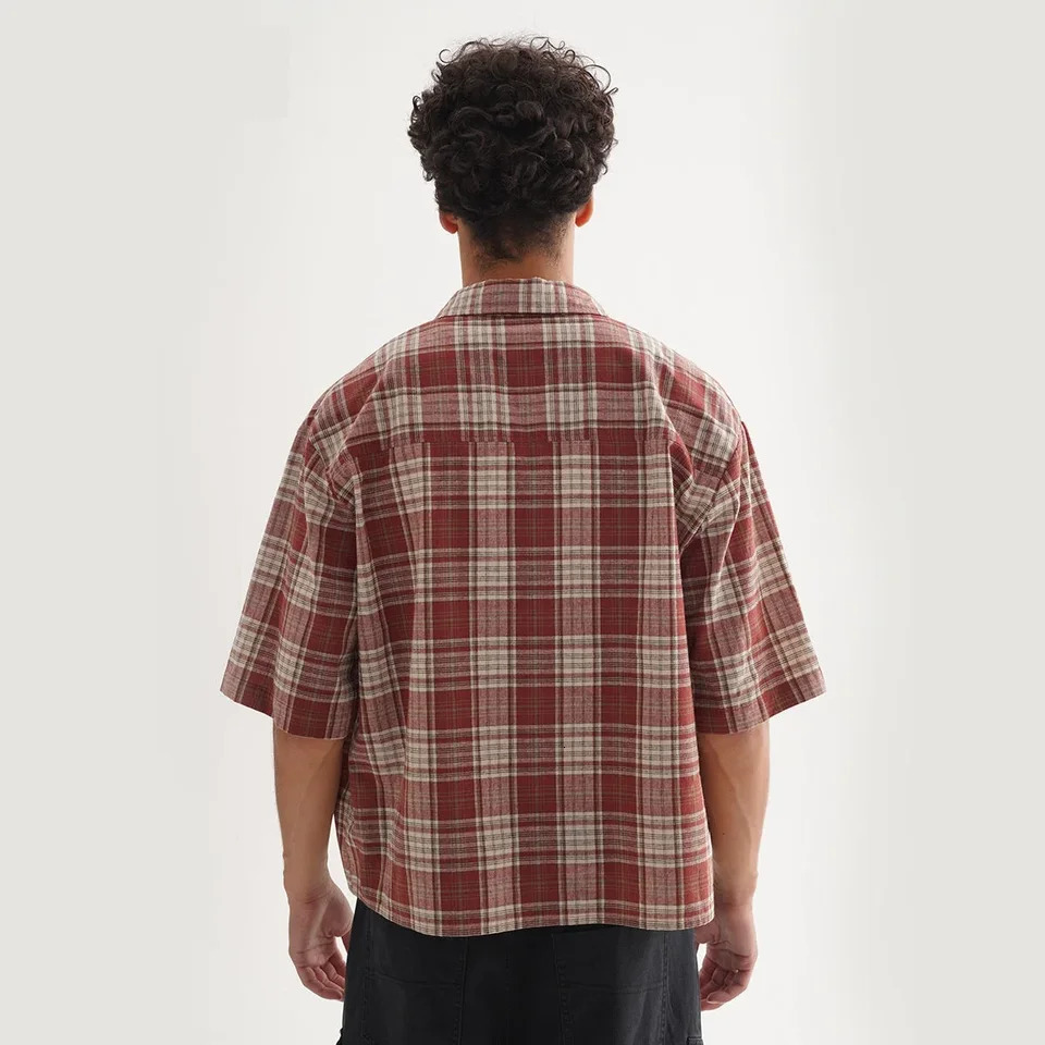 KF-126 Manufacturer Mens Flannel Shirts 100 Cotton Short Sleeve Cropped Boxy Plaid Button Up Casual Shirt for Man 260324 - view 5