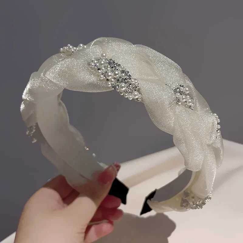 Korean Double Pearl Rhinestone Headband Lace Braided Hairband Hair Hoop Bezel Crystal Headbands for Women Girl Hair Accessories D260326