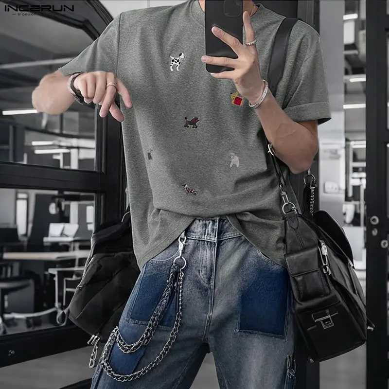 INCERUN Men T Shirt Embroidery O-neck Short Sleeve Casual Male Tee Tops Streetwear Loose Korean Style Fashion Men Clothing S-5XL C260326