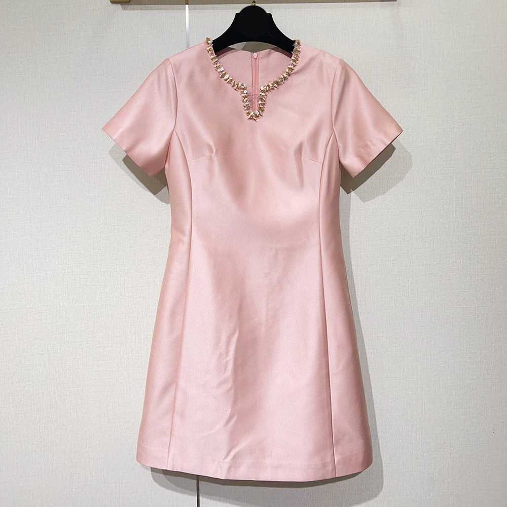 ZJYT Runway Fashion 2026 Spring Summer Dresses for Women Elegant Short Sleeve Beading Solid Pink Black Casual Party Dress Lady M260326