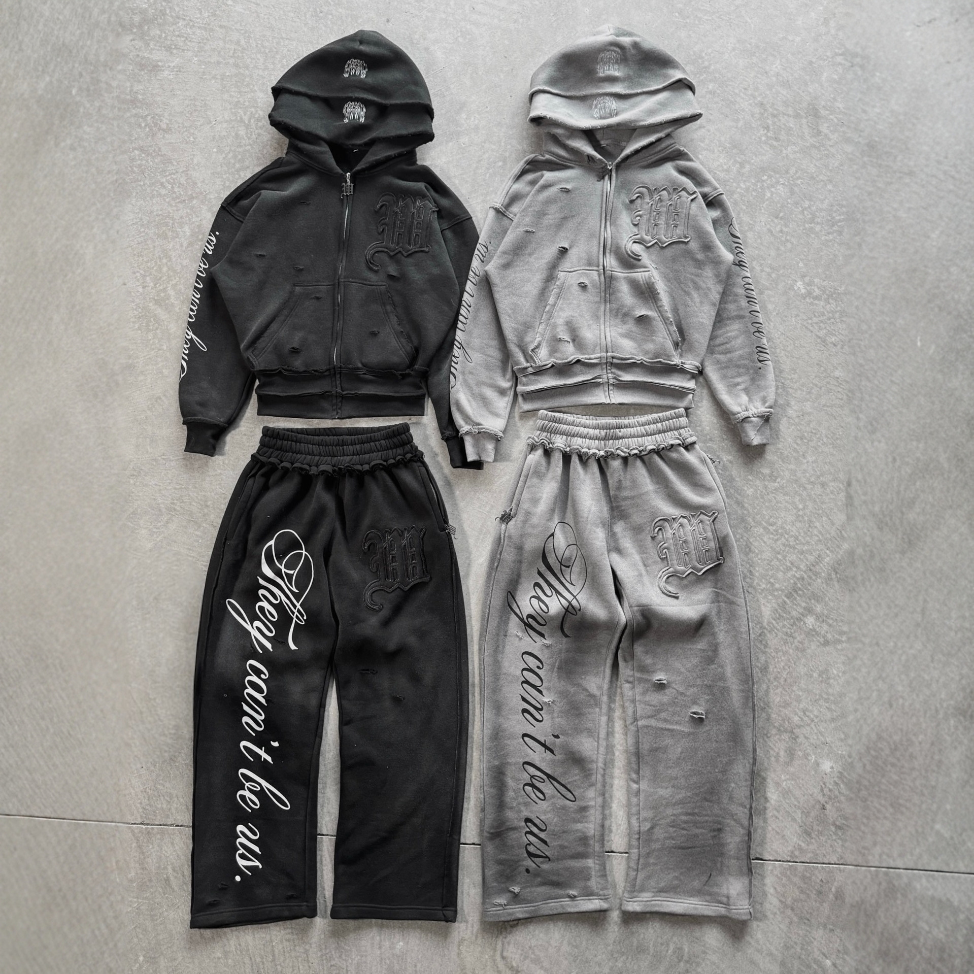 Grey Distressed Embroidery Hoodies Tracksuit Set Men Women Streetwear Oversized Hoodie & Pants Edgy Casual Two-Piece Outfit