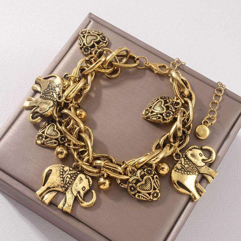 Tribal Jewelry Fashion Retro Carved Elephant Anklet, Heart-Shaped Bracelet, Alloy Anklet And Hand Jewelry