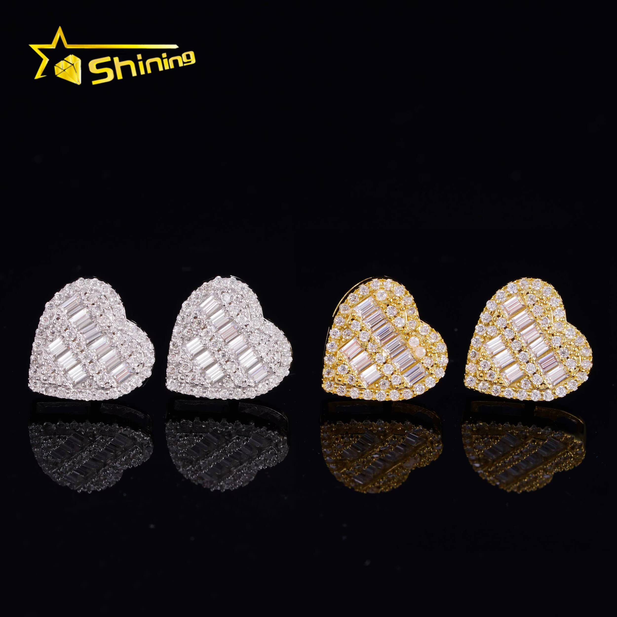 Hip Hop 14K Real Gold Lab Grown Diamond Heart Baguette Stud Earrings EverLasting Gift for Women Men Fine Jewelry