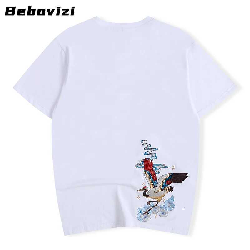 2025 Men Hip Hop Streetwear Japanese Harajuku Crane Embroidery T-Shirt Summer Short Sleeve Tops Tees Black White Cotton Tshirts C260326