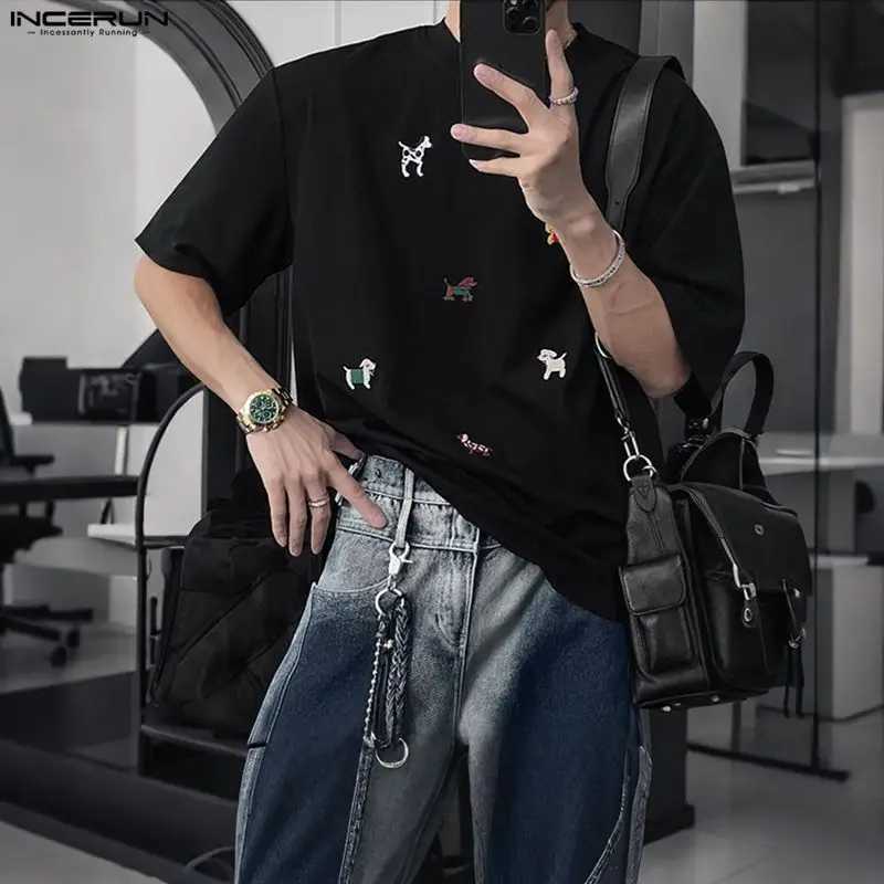 INCERUN Men T Shirt Embroidery O-neck Short Sleeve Casual Male Tee Tops Streetwear Loose Korean Style Fashion Men Clothing S-5XL C260326