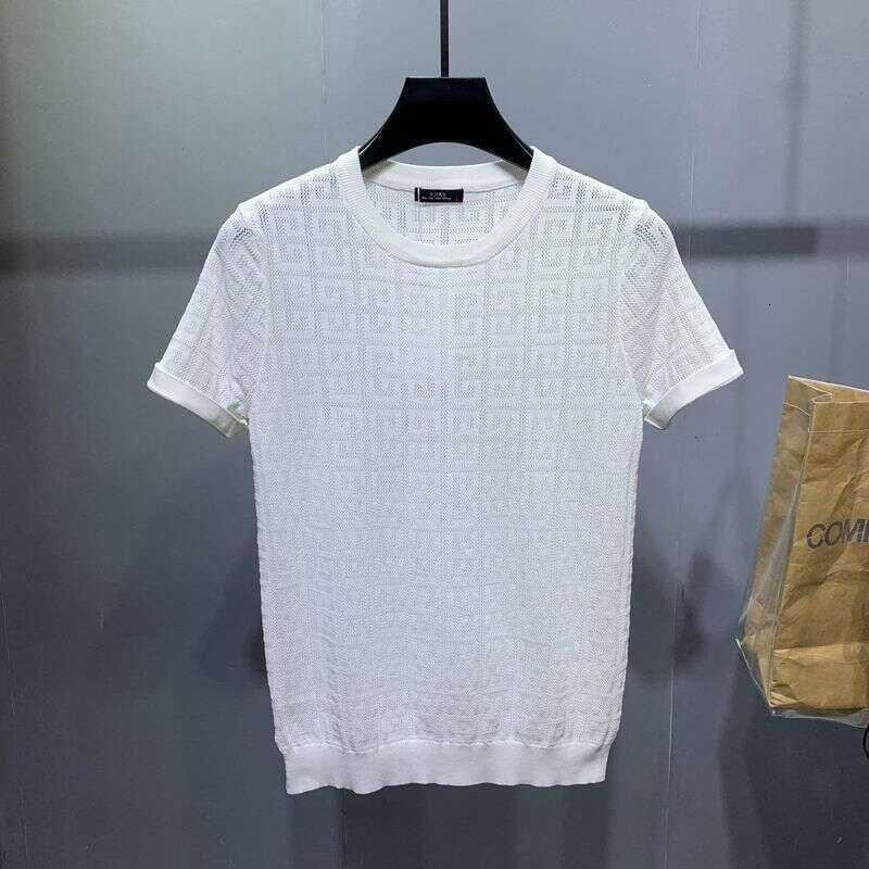 2026 Summer New Arrival Mens Slim Fit Round Neck Knit Short Sleeve T-Shirt Fashionable Ins Trend Hollow Out Solid Color Top Asia Size