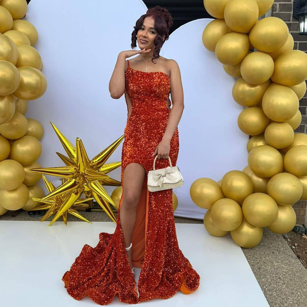 Bespoke Red Mermaid Prom Gown Sequined Sparkly Sexy Banquet Sexy Evening Formal Dress Slit One Shoulder Customized