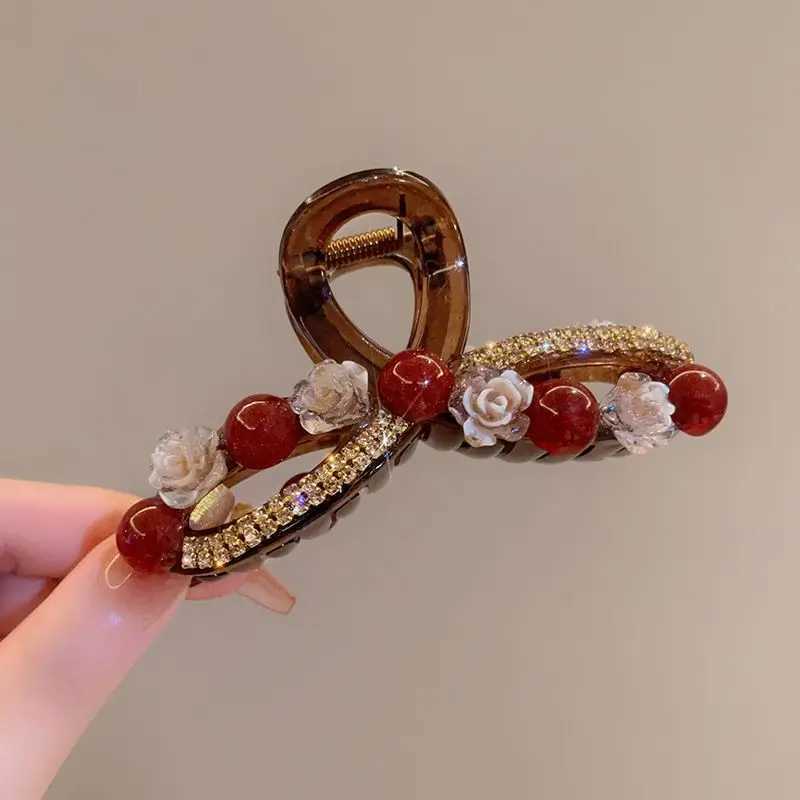 1pc Rose red pearl clip womens autumn and winter new fashion style back of the head plate hair clip hair accessory H260326