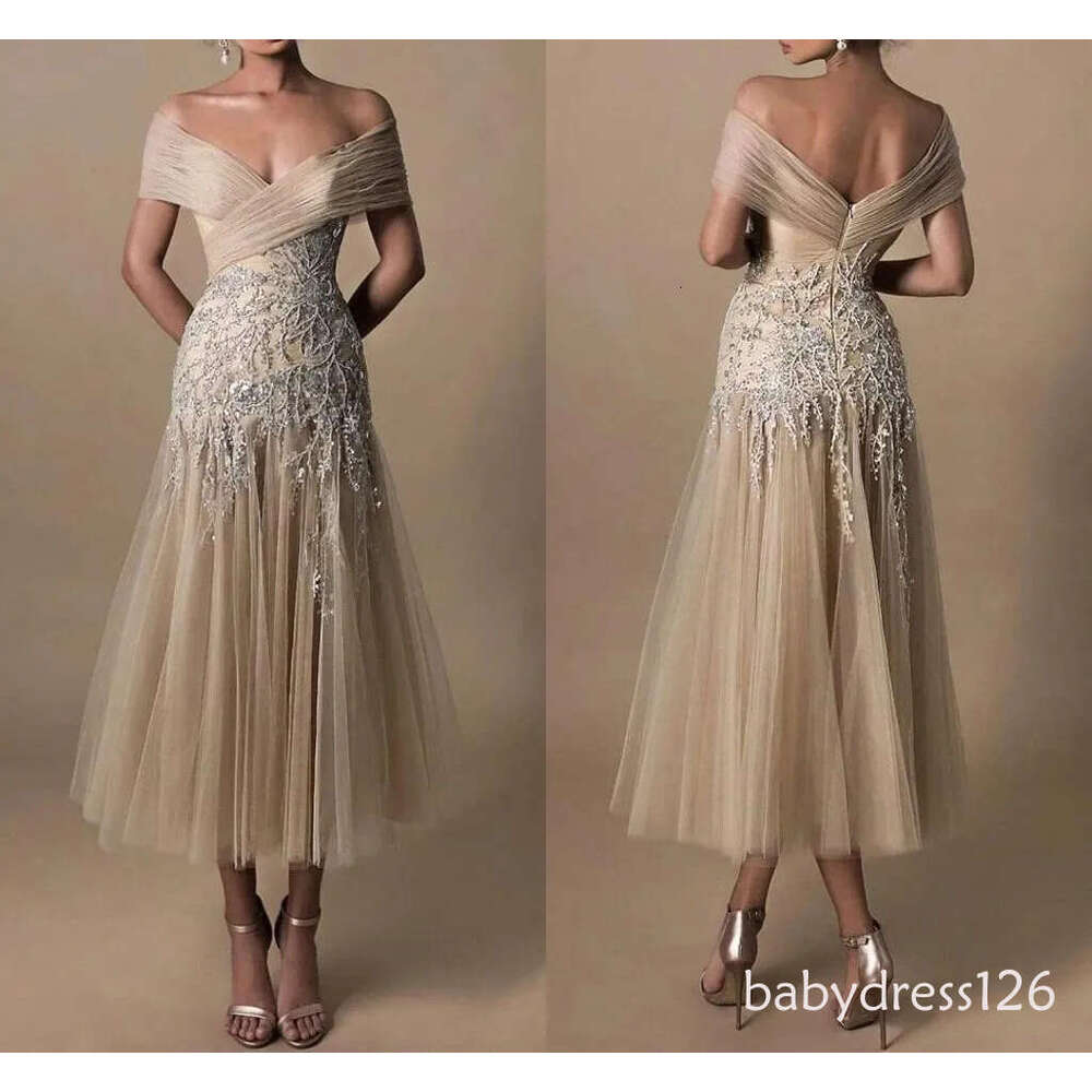 Modest Champagne Tulle Tea-Length Mother of the Bride Dresses 2026 ZD19