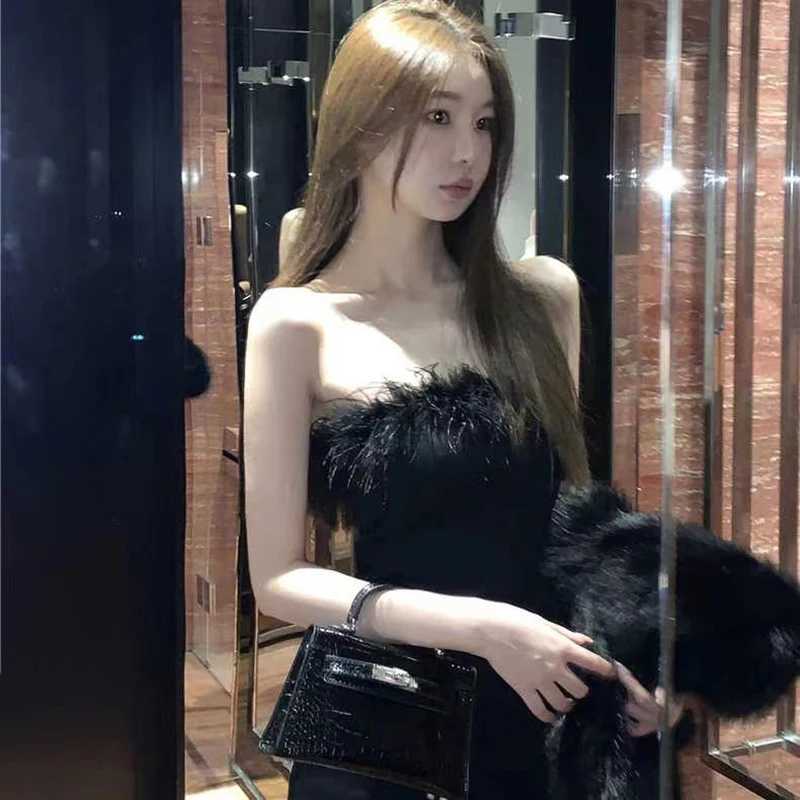 Mini Strapless Dresses Women Sexy Feathers Streetwear Summer Sheath Party Dress M260326