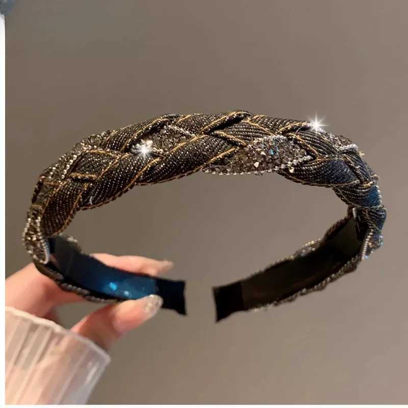 Demin Headband High-end Elegant Retro Light Rhinestone Denim Hair Accessories Braided Headband Fashionable Simple Hairband D260326