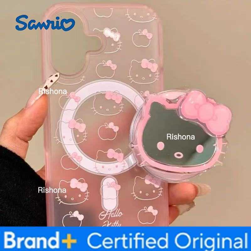 Sanrio Cute Hello Kitty Magnetic Magsafe Wireless Charge Phone Case For iPhone 17 16 15 14 13 Pro Max Mirror Grip Holder Cover H260326