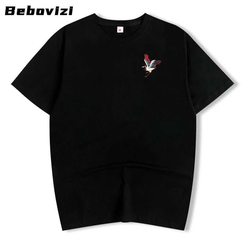 2025 Men Hip Hop Streetwear Japanese Harajuku Crane Embroidery T-Shirt Summer Short Sleeve Tops Tees Black White Cotton Tshirts C260326