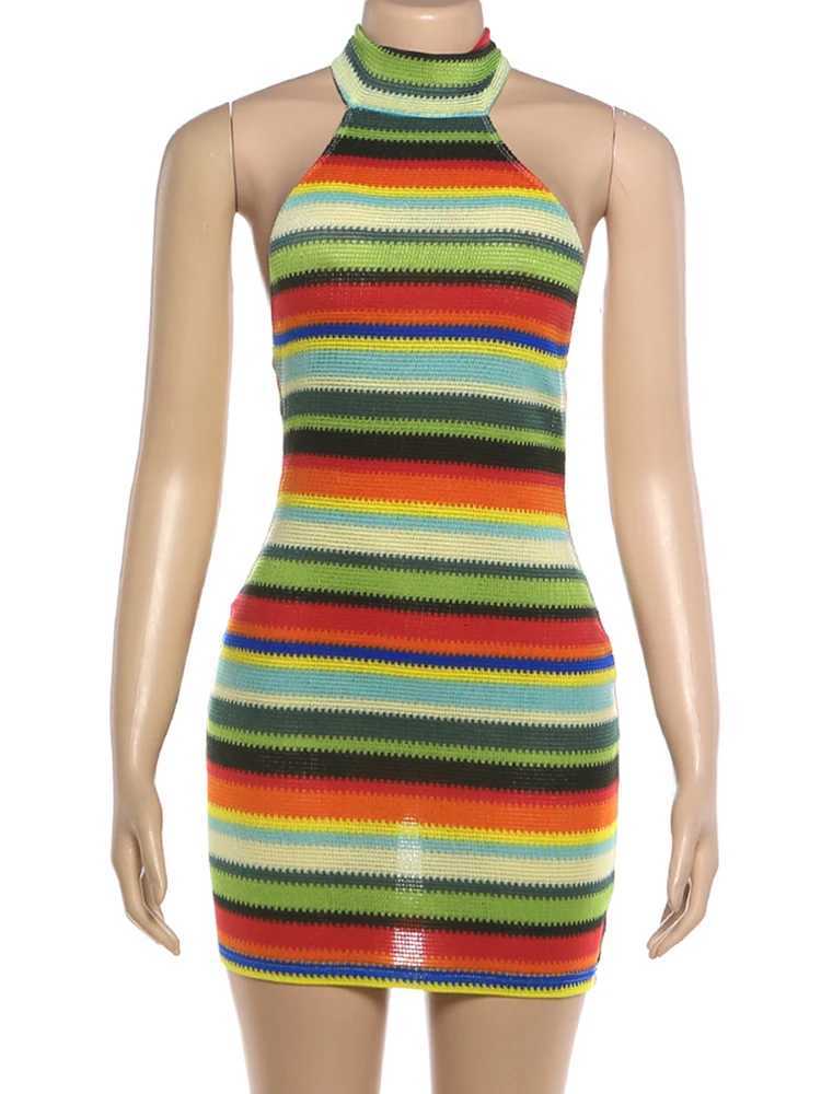 Kliou Stripe Patchwork Mini Dress Woman Bandage Halter Off Shoulder Backless Skinny Peach Hip Hot Girls Street Fashion Bodycon X260326