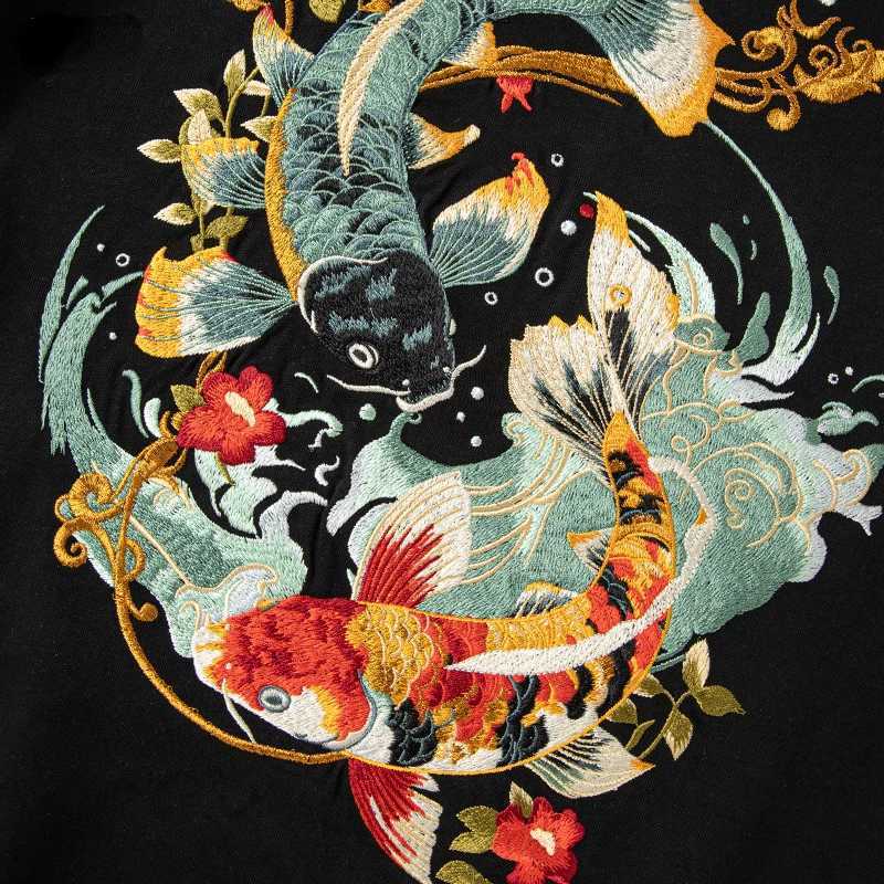 Summer Embroidery T Shirt Men Fashion Vintage T Shirt Women Hip Hop Tees Cotton Short Sleeve Chinese Koi Carp Loose Tops Couple C260326