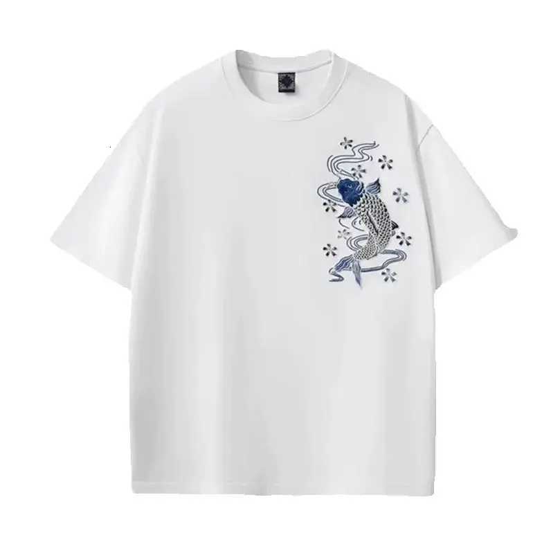 260g Heavy Embroidery Carp T-Shirt Men Summer Cotton Breathable Casual Tops Male Plus Size Short Sleeve Tee C260326