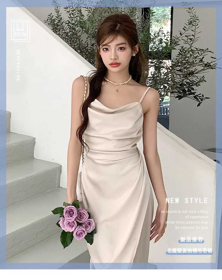 summer Europe and the United States aristocratic style texture satin pleated waist design solid color sexy slit slip dress M260326