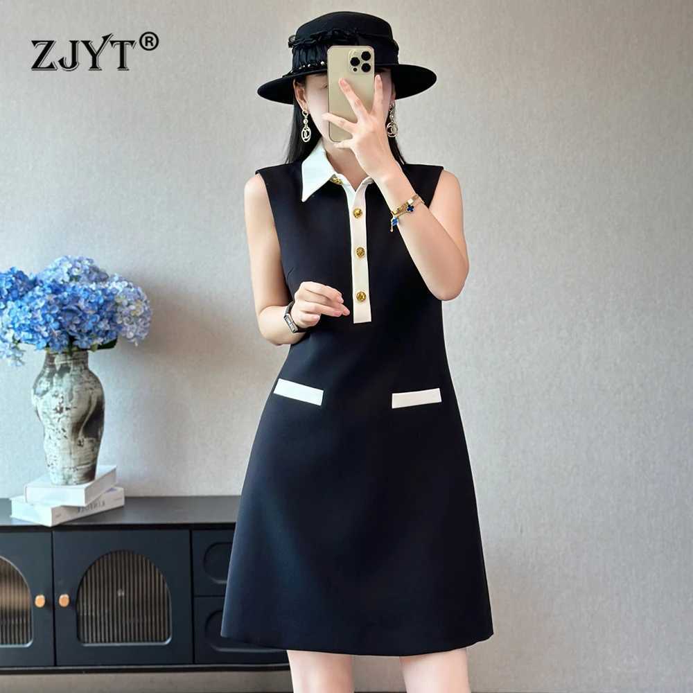 ZJYT New Fashion Summer Womens Casual Dress 2026 Elegant Sleeveless Hit Color Mini Black Dresses Female Clothes Vestidos Lady M260326