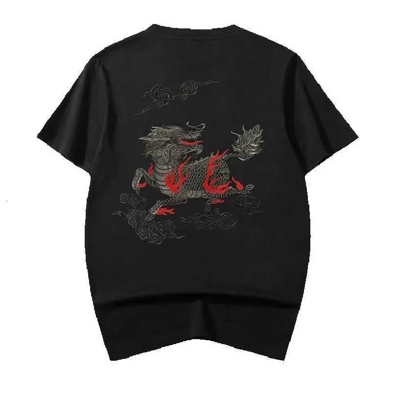 Qilin Kirin Embroidery Short Sleeve T-Shirt Men Round Neck Cotton Breathable Top Tee For Men Black Hiphop Kylin Summer C260326