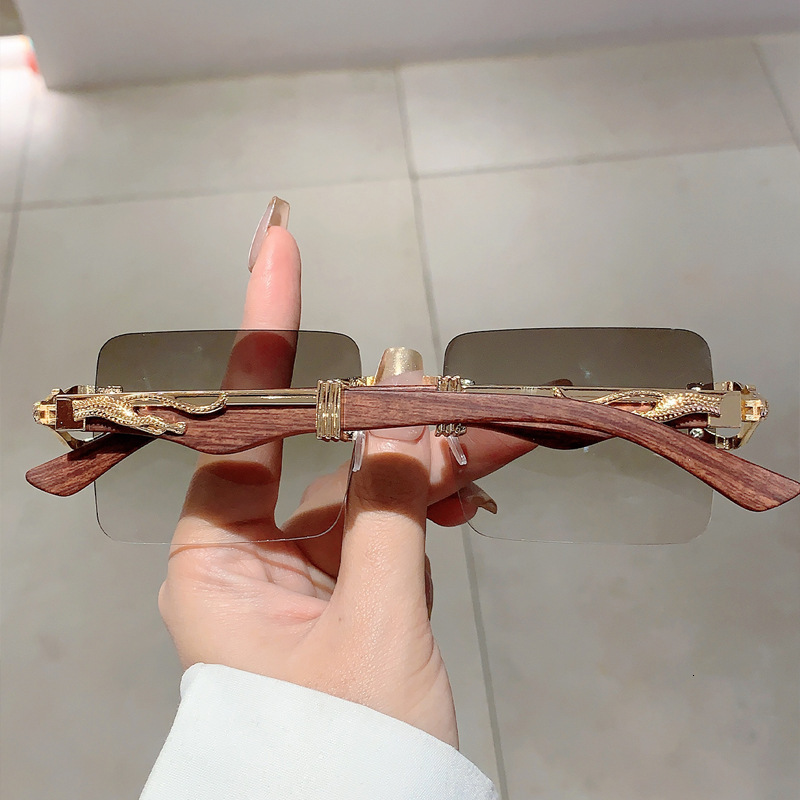 Luxury Brand Designer Sunglasses Aliexpress New Frameless Leopard Head Sunglasses For Men And Women Classic Retro Cheetah Imitation Wood Grain Temple 