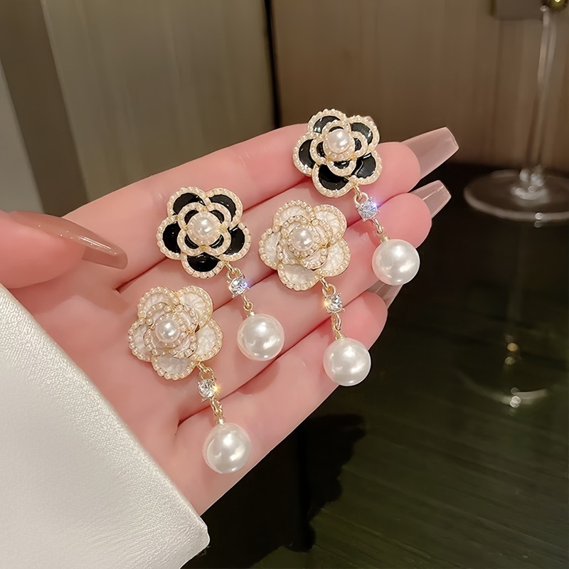 Luxury Brand Designer Jewelry New Korean Style Elegant Camellia Pearl Earrings For Women, High-End Fashion Versatile Floral Drop Earrings, -Inspired E