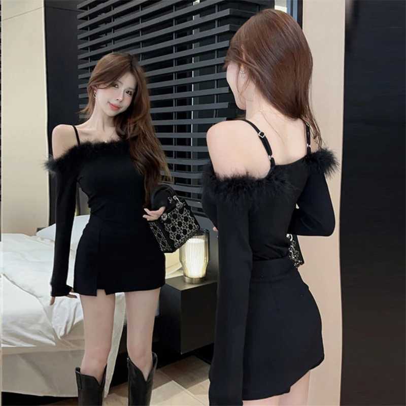 Dresses Women Sexy Faux Fur Collar Skinny All-match Basic Mini Ins Dress M260326
