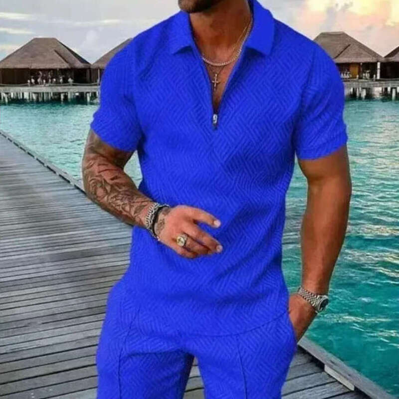Men's Summer Suit Tracksuits Fashion Men Sets Solid Summer Vneck Zipper Short Sleeve POLO Shirt Shorts Two Pieces Casual Men's Clothing Free