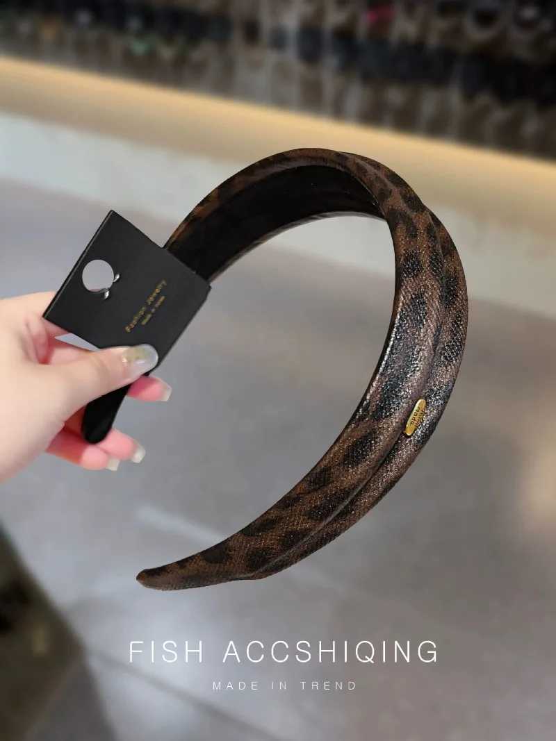 New autumn winter leopard print leather headband high skull top wide edge hair accessories fashion D260326