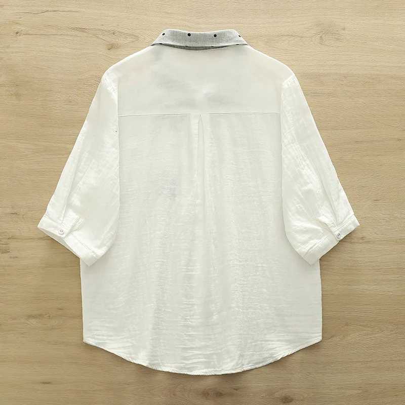 New 2025 Autumn Cotton Yarn Half Sleeve Shirt Women Turn-down Collar Embroidery Mori Girl Retro Casual Loose Blouse T56292CC C260326