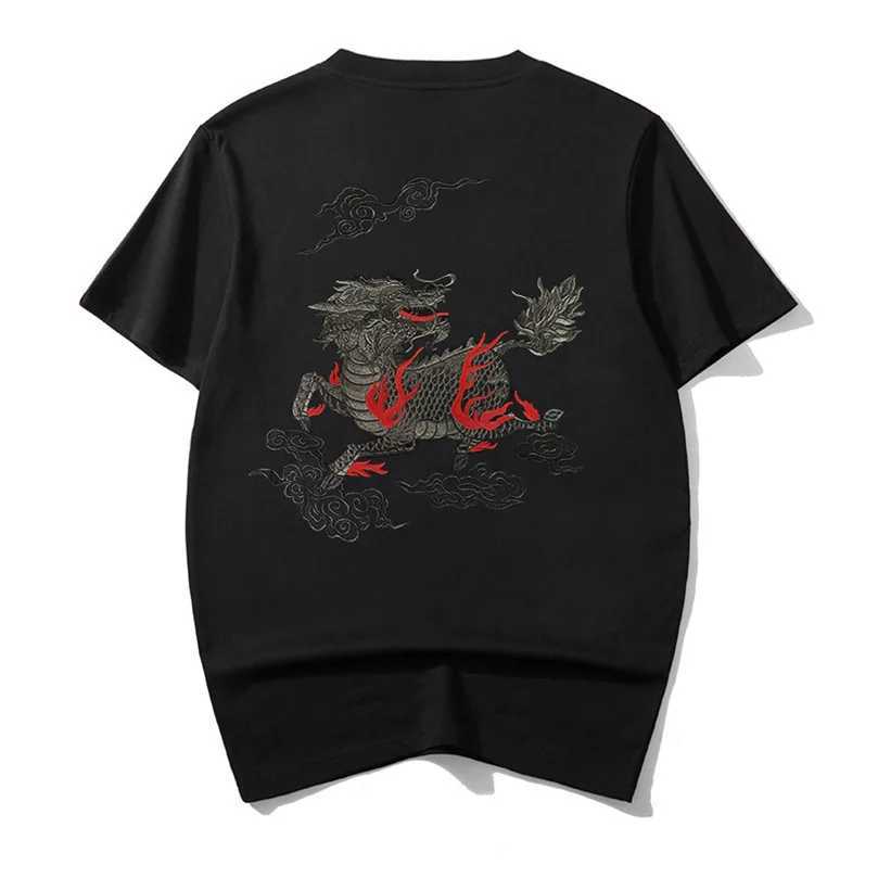 Qilin Kirin Embroidery Short Sleeve T-Shirt Men Round Neck Cotton Breathable Top Tee For Men Black Hiphop Kylin Summer C260326