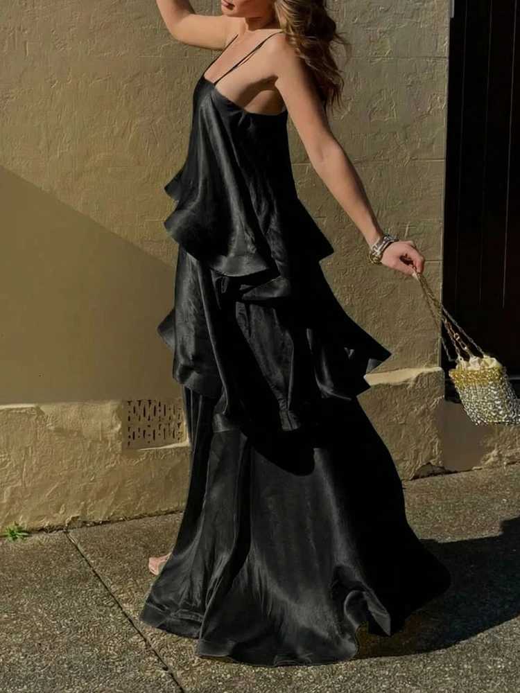 Elegant Womens Sleeveless Ruffles Party A-line Dress Summer Casual Loose Vacation Dress Sexy Solid Color Halter Cake Long Dress X260326