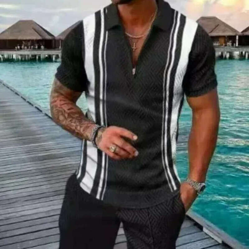 Men's Summer Suit Tracksuits Fashion Men Sets Solid Summer Vneck Zipper Short Sleeve POLO Shirt Shorts Two Pieces Casual Men's Clothing Free