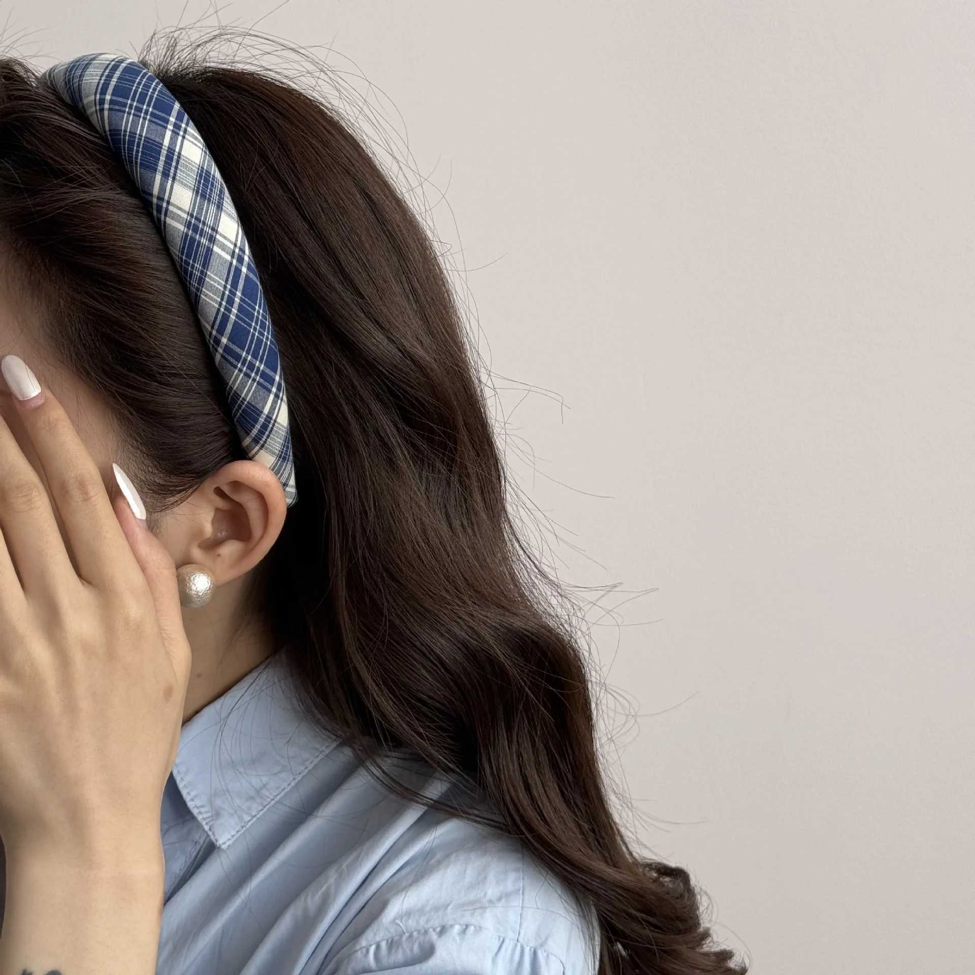 2025 Korea Cute Blue Plaid Hairbands Headband Women Children Girls Scrunchie Hair Head Hoop Bands Accessories Headdress Headwear D260326