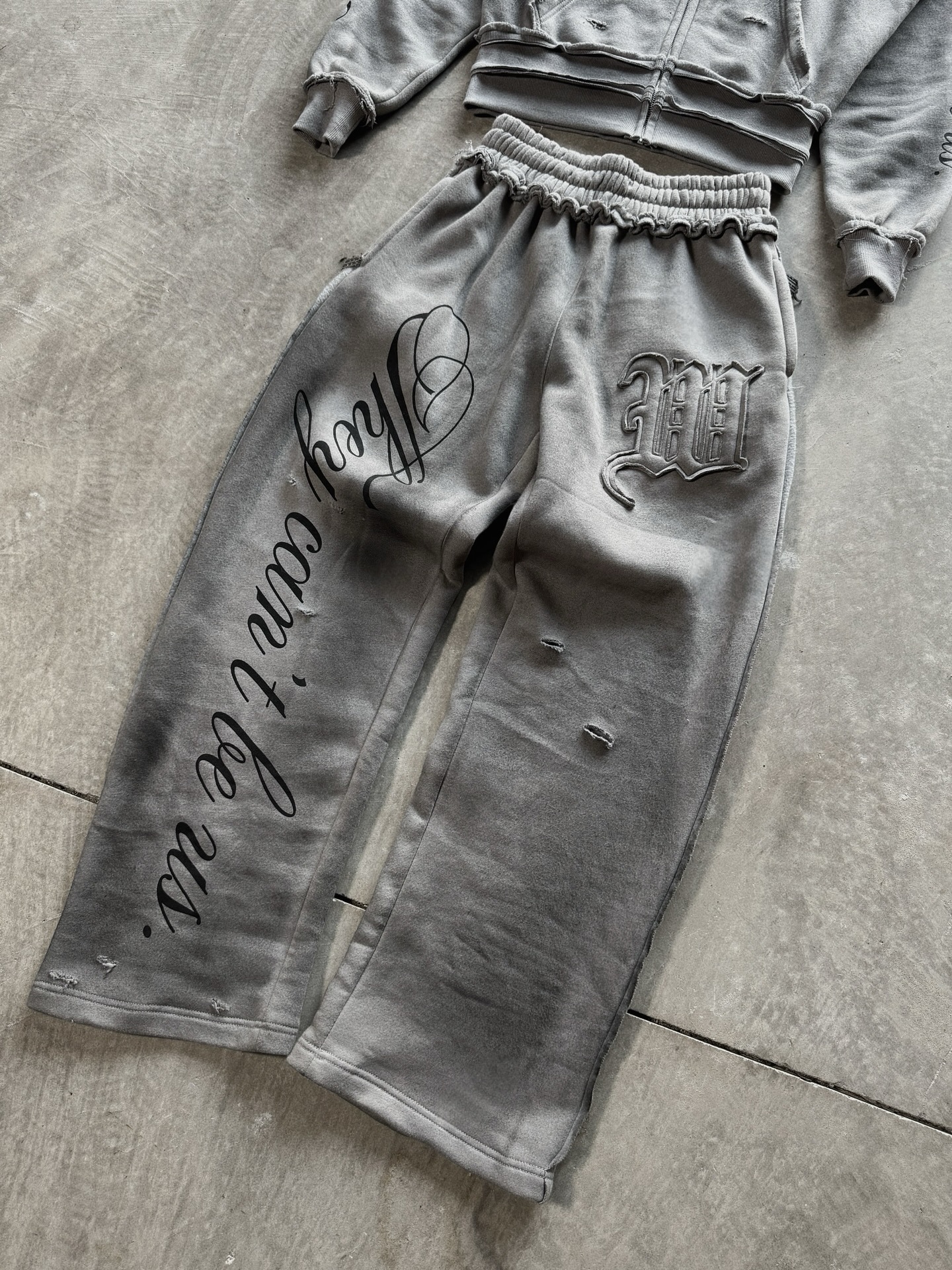 Grey Distressed Embroidery Hoodies Tracksuit Set Men Women Streetwear Oversized Hoodie & Pants Edgy Casual Two-Piece Outfit